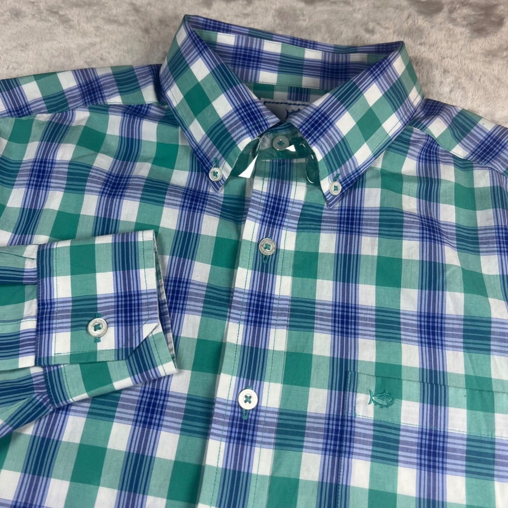 Southern Tide Mens Medium M Button Down Shirt Green Blue Plaid Classic Fit 29607